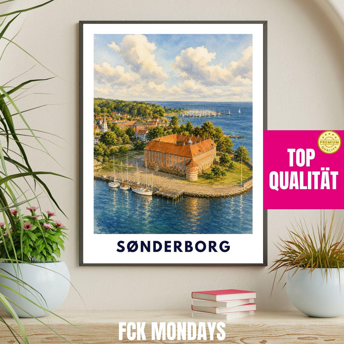Sønderborg Poster Dänemark | Schloss & Hafen Illustration | Ostsee Stadtbild | Skandinavisches Reiseposter | Nordic Wall Art | Küstendeko