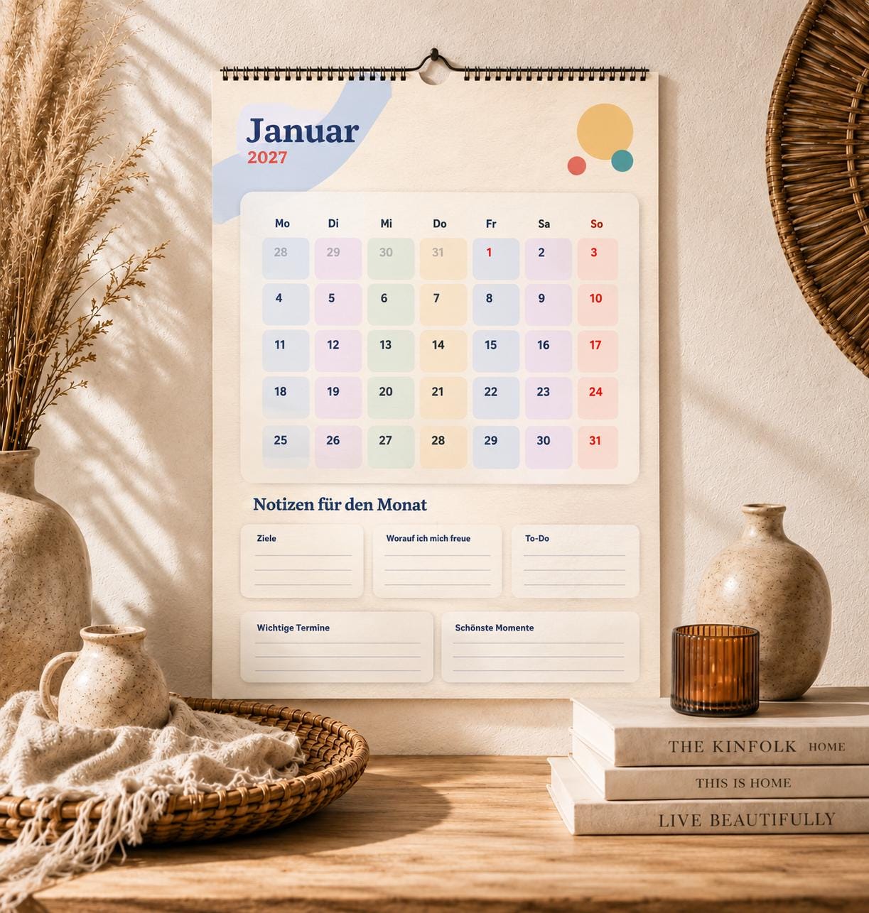 Monatsplaner Kalender 2027 A4 A3 Wandkalender bunt | Kalender mit Notizen | Jahresplaner Geschenk Büro Familie Termine Ziele Notizen ToDos