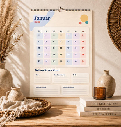 Monatsplaner Kalender 2027 A4 A3 Wandkalender bunt | Kalender mit Notizen | Jahresplaner Geschenk Büro Familie Termine Ziele Notizen ToDos