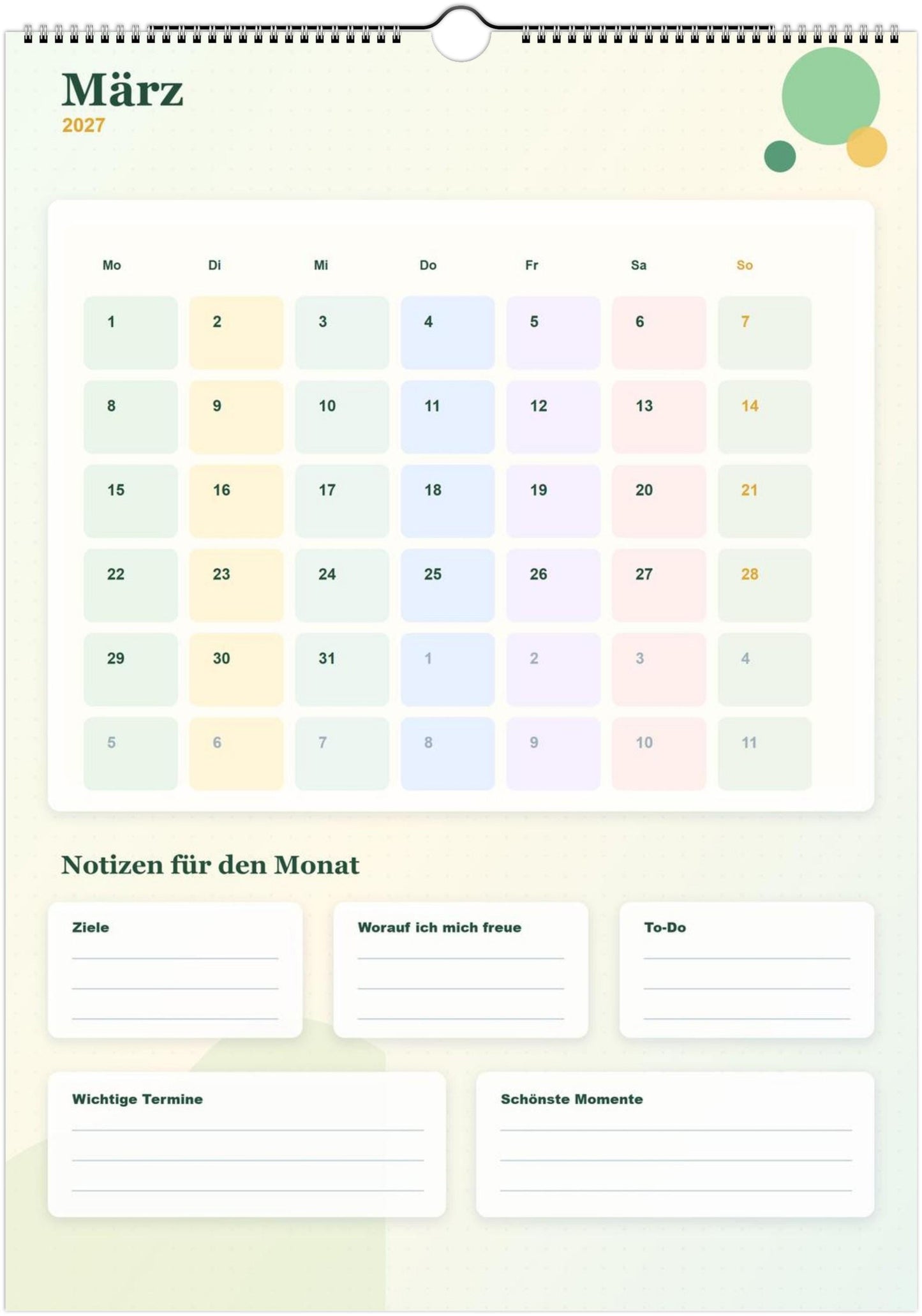 Monatsplaner Kalender 2027 A4 A3 Wandkalender bunt | Kalender mit Notizen | Jahresplaner Geschenk Büro Familie Termine Ziele Notizen ToDos