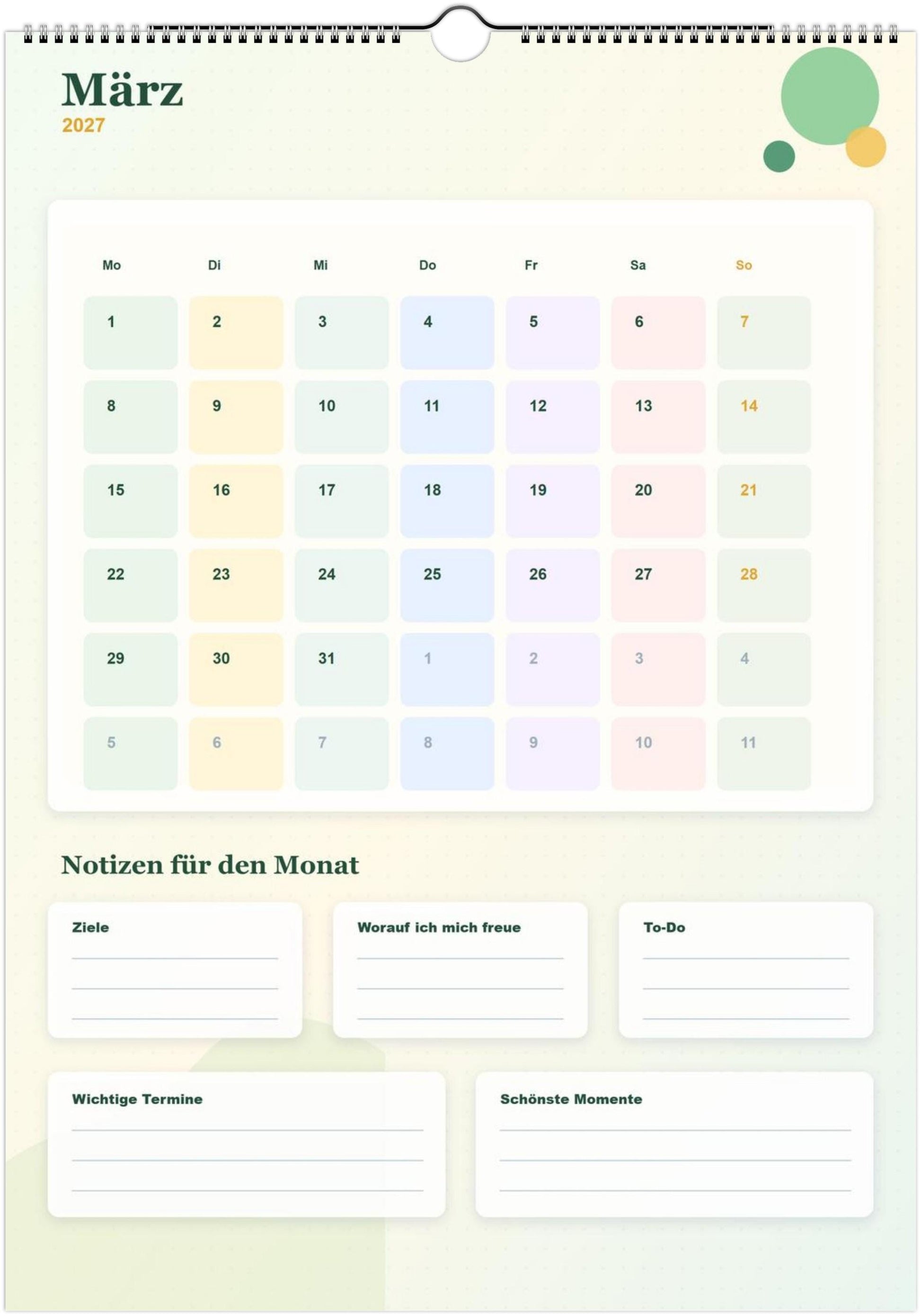 Monatsplaner Kalender 2027 A4 A3 Wandkalender bunt | Kalender mit Notizen | Jahresplaner Geschenk Büro Familie Termine Ziele Notizen ToDos