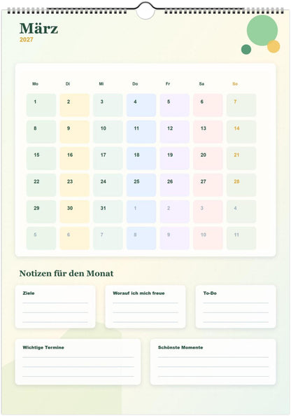 Monatsplaner Kalender 2027 A4 A3 Wandkalender bunt | Kalender mit Notizen | Jahresplaner Geschenk Büro Familie Termine Ziele Notizen ToDos