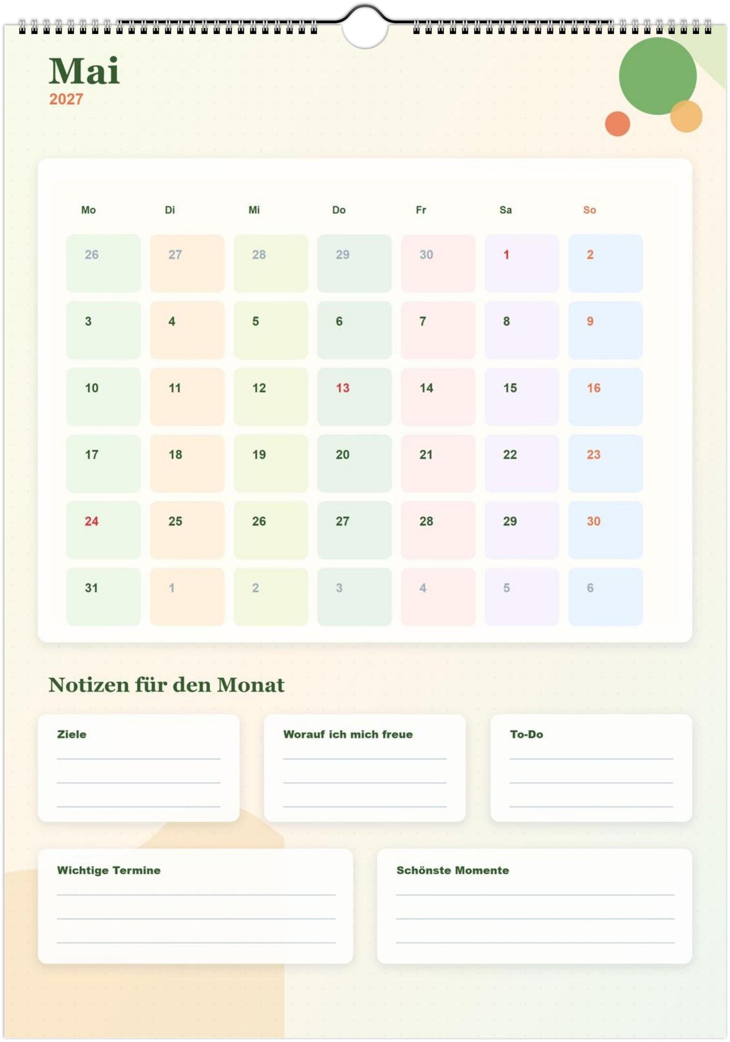 Monatsplaner Kalender 2027 A4 A3 Wandkalender bunt | Kalender mit Notizen | Jahresplaner Geschenk Büro Familie Termine Ziele Notizen ToDos