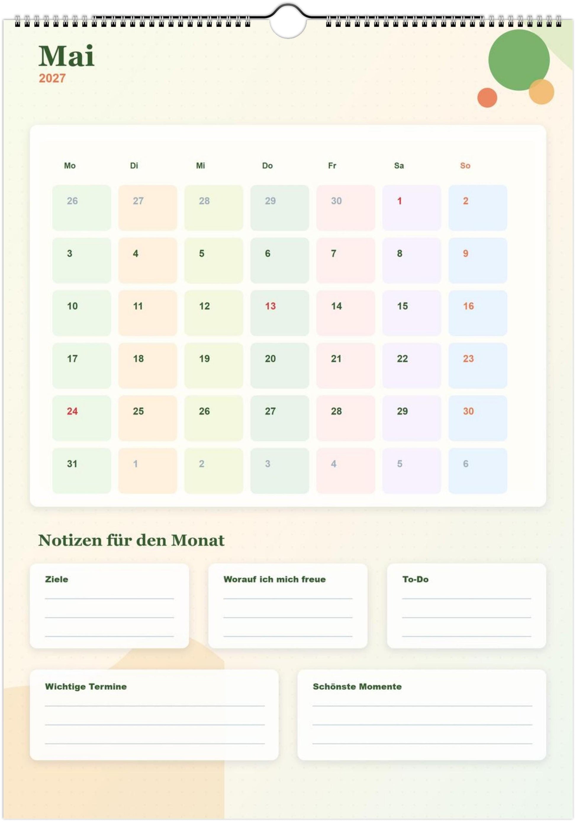 Monatsplaner Kalender 2027 A4 A3 Wandkalender bunt | Kalender mit Notizen | Jahresplaner Geschenk Büro Familie Termine Ziele Notizen ToDos
