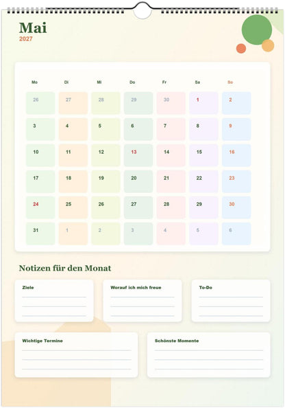 Monatsplaner Kalender 2027 A4 A3 Wandkalender bunt | Kalender mit Notizen | Jahresplaner Geschenk Büro Familie Termine Ziele Notizen ToDos