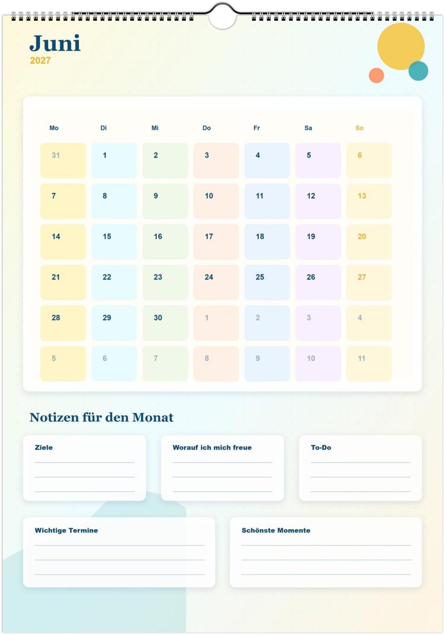 Monatsplaner Kalender 2027 A4 A3 Wandkalender bunt | Kalender mit Notizen | Jahresplaner Geschenk Büro Familie Termine Ziele Notizen ToDos