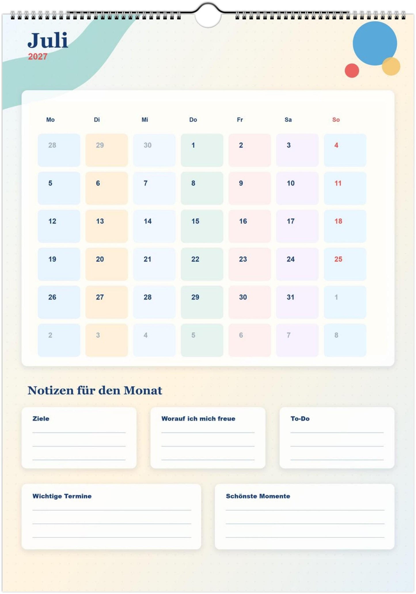 Monatsplaner Kalender 2027 A4 A3 Wandkalender bunt | Kalender mit Notizen | Jahresplaner Geschenk Büro Familie Termine Ziele Notizen ToDos