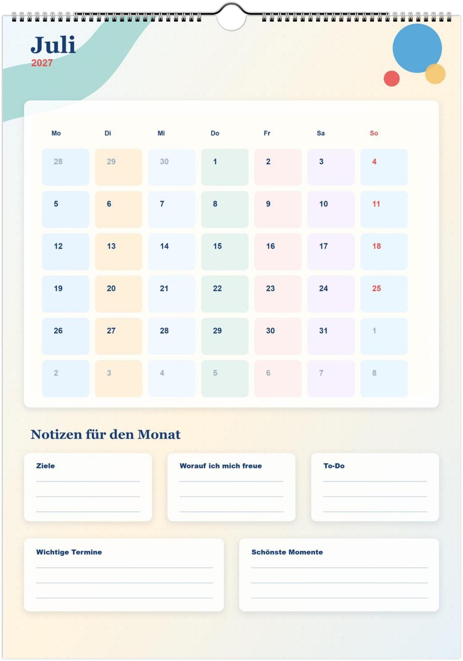 Monatsplaner Kalender 2027 A4 A3 Wandkalender bunt | Kalender mit Notizen | Jahresplaner Geschenk Büro Familie Termine Ziele Notizen ToDos