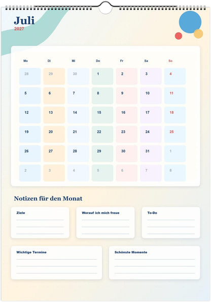 Monatsplaner Kalender 2027 A4 A3 Wandkalender bunt | Kalender mit Notizen | Jahresplaner Geschenk Büro Familie Termine Ziele Notizen ToDos