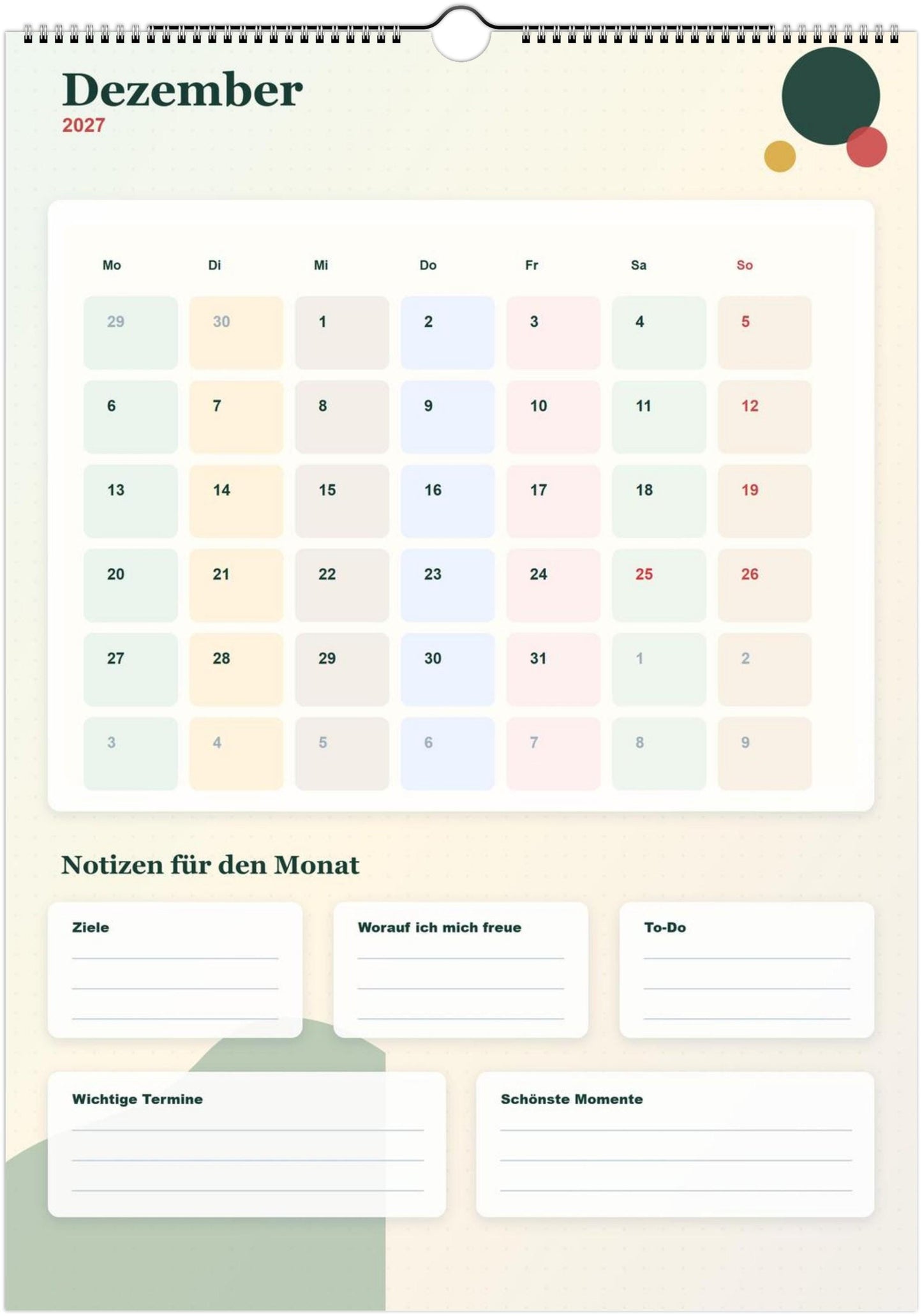 Monatsplaner Kalender 2027 A4 A3 Wandkalender bunt | Kalender mit Notizen | Jahresplaner Geschenk Büro Familie Termine Ziele Notizen ToDos
