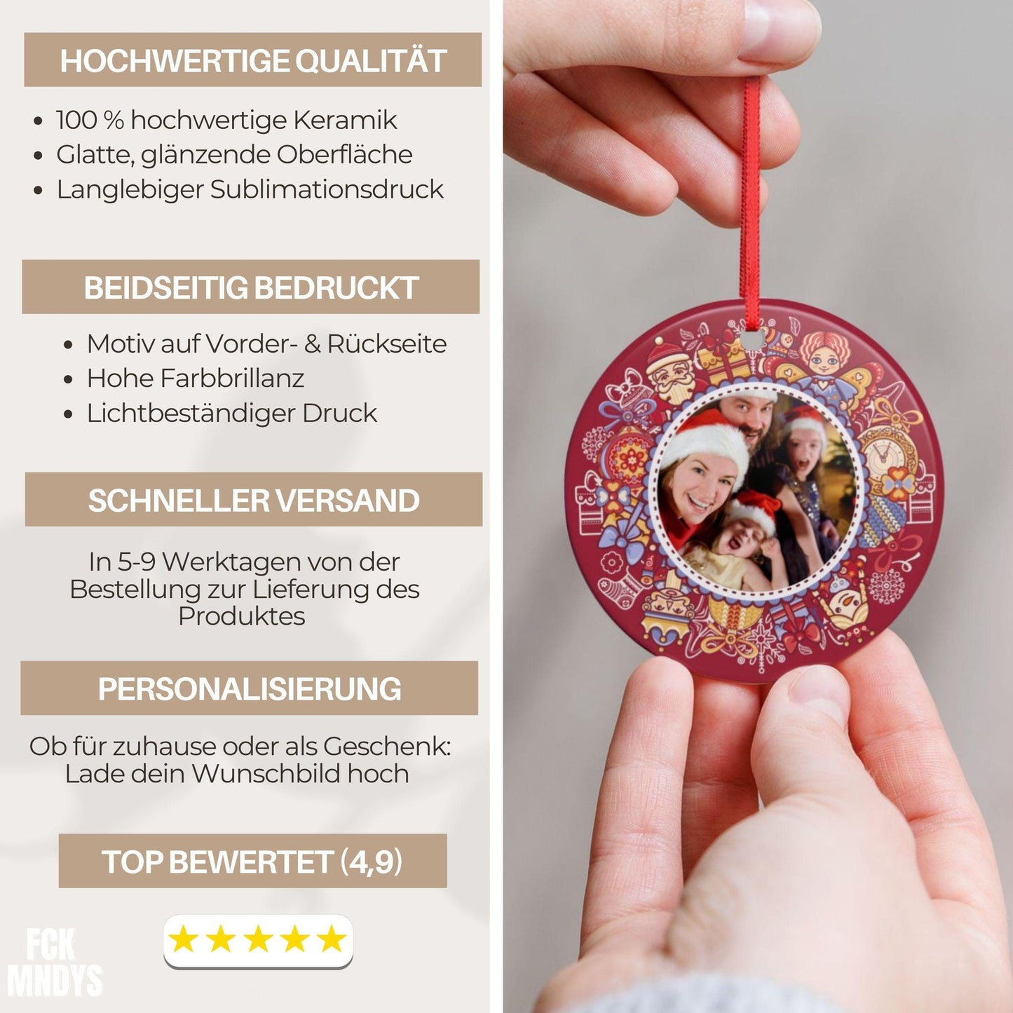 Personalisiertes Foto Ornament, Keramik Weihnachtsanhänger mit eigenem Bild, Geschenk für Familie Paare Haustier Weihnachten