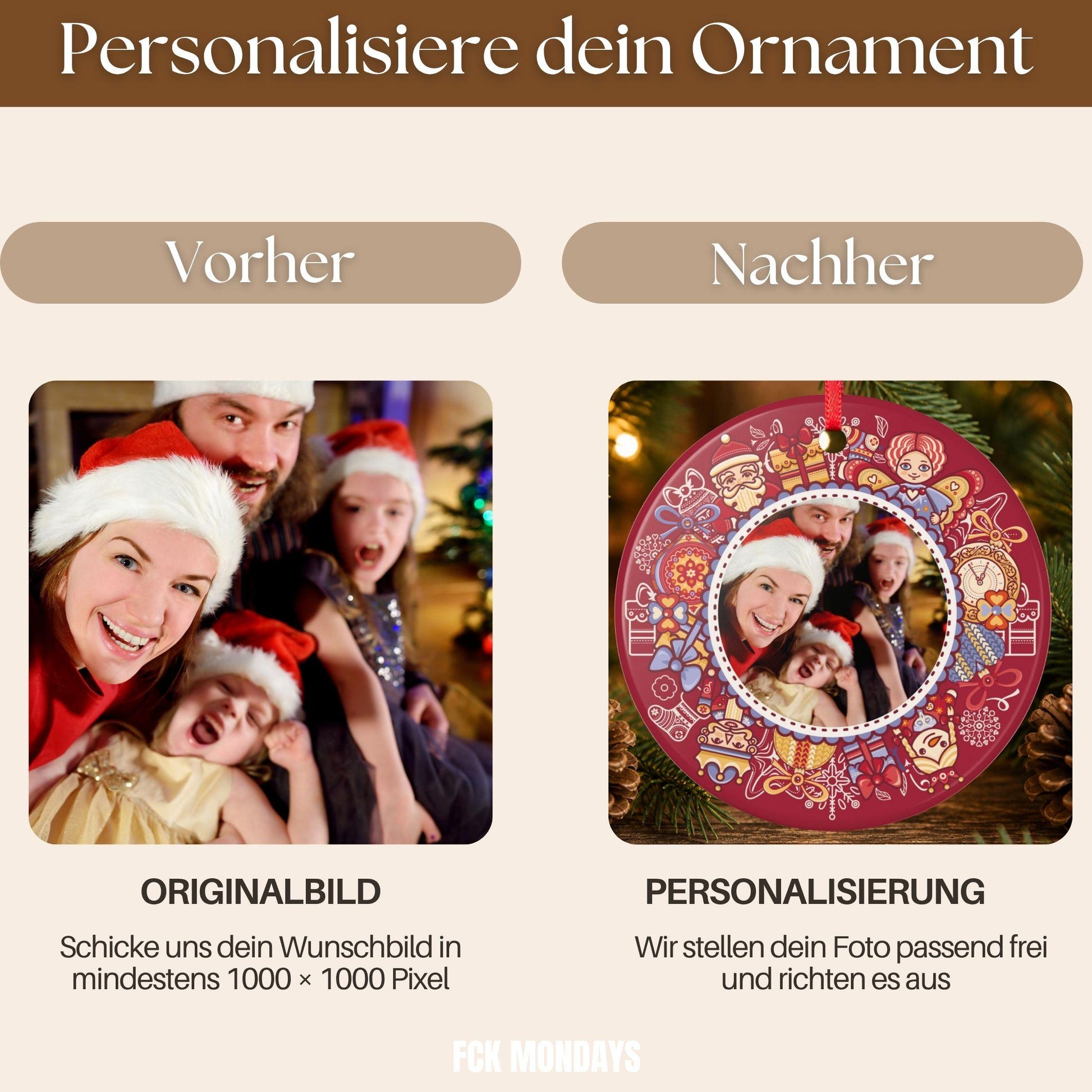 Personalisiertes Foto Ornament, Keramik Weihnachtsanhänger mit eigenem Bild, Geschenk für Familie Paare Haustier Weihnachten