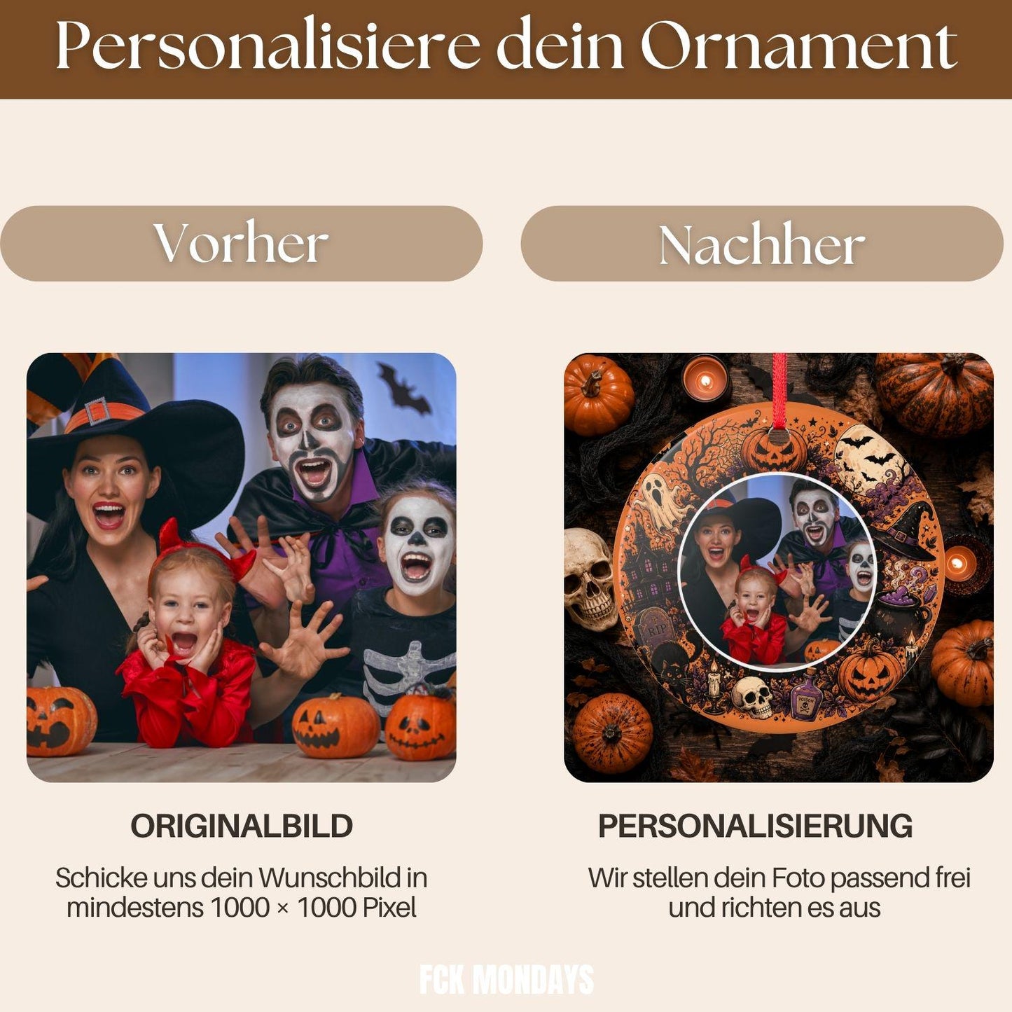 Personalisiertes Halloween Foto Ornament, Keramik Anhänger mit eigenem Bild, Grusel Deko Geschenk Familie Paare Haustier