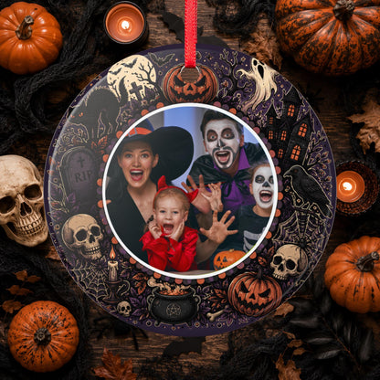 Personalisiertes Halloween Foto Ornament, Keramik Anhänger mit eigenem Bild, Grusel Deko Geschenk Familie Paare Haustier
