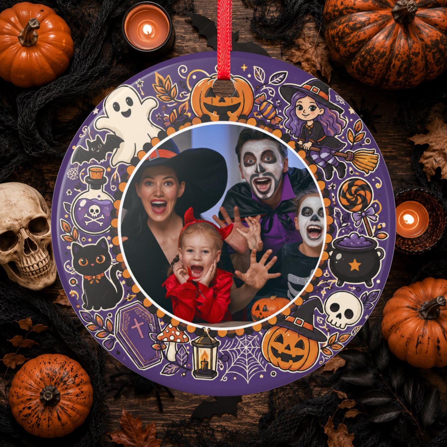 Personalisiertes Halloween Foto Ornament, Keramik Anhänger mit eigenem Bild, Grusel Deko Geschenk Familie Paare Haustier