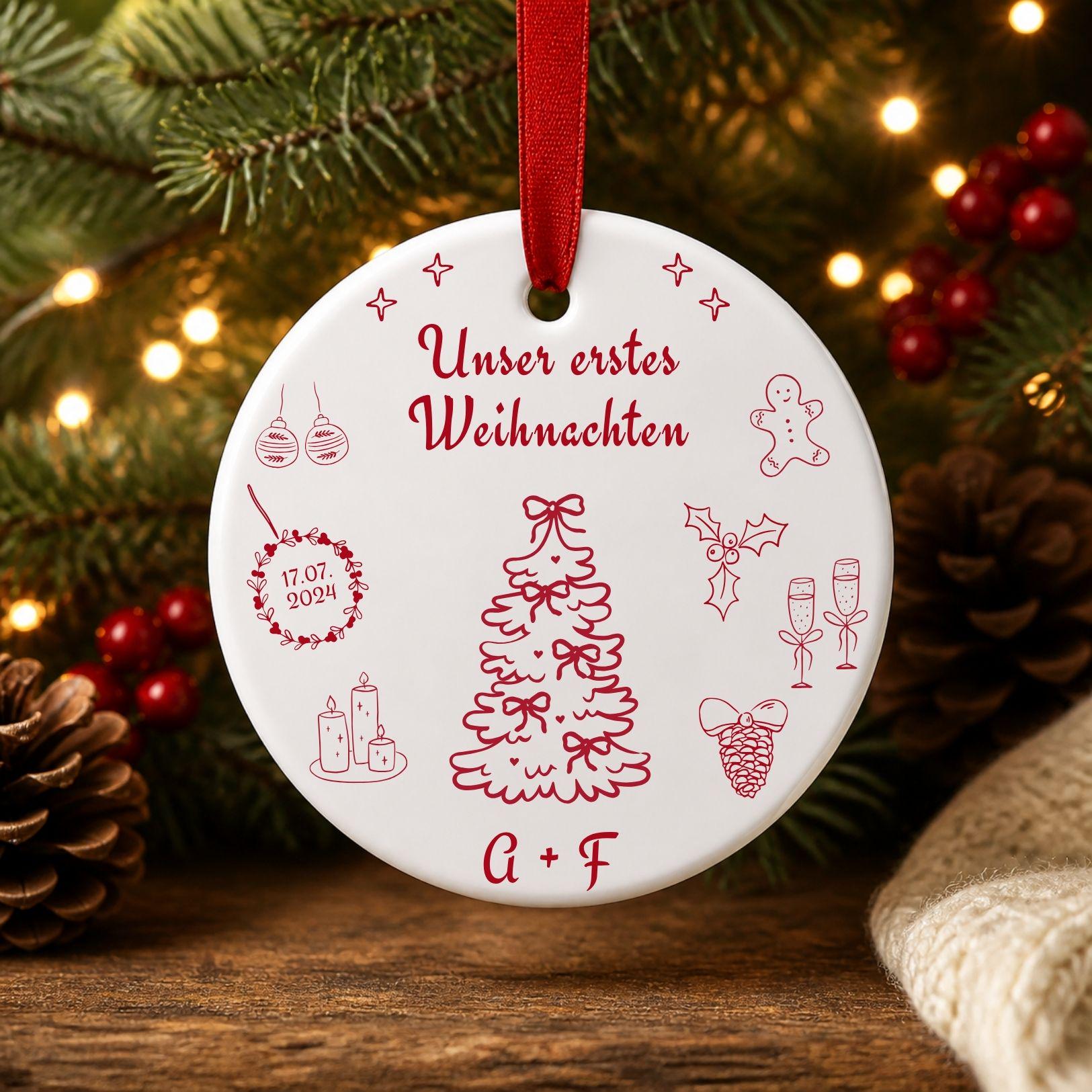 Personalisiertes Erstes Weihnachten Ornament für Paare, Familien, Keramik Weihnachtsanhänger mit Namen Datum, erstes Weihnachten Geschenk