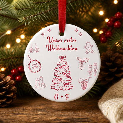 Personalisiertes Erstes Weihnachten Ornament für Paare, Familien, Keramik Weihnachtsanhänger mit Namen Datum, erstes Weihnachten Geschenk