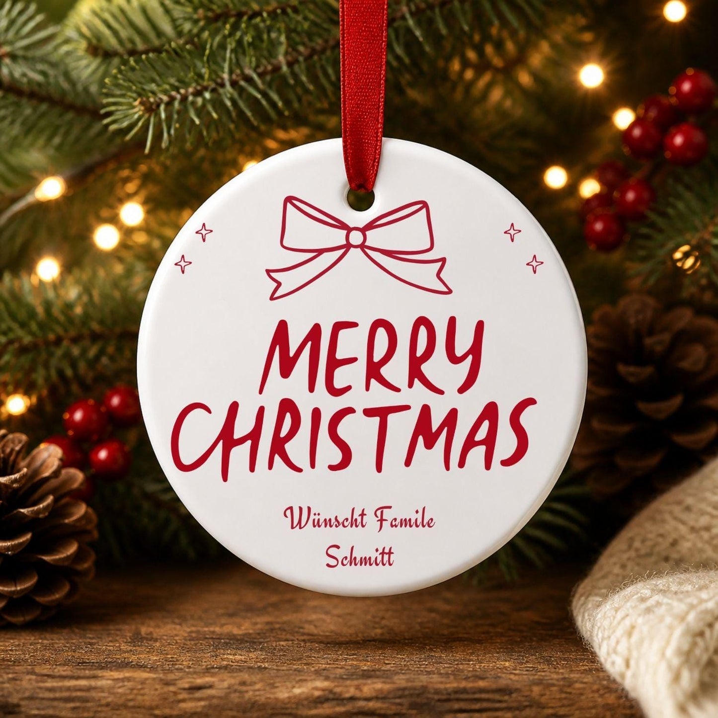 Personalisiertes Merry Christmas Ornament, Keramik Weihnachtsanhänger mit Wunschtext, Christbaumschmuck, Geschenk Weihnachten