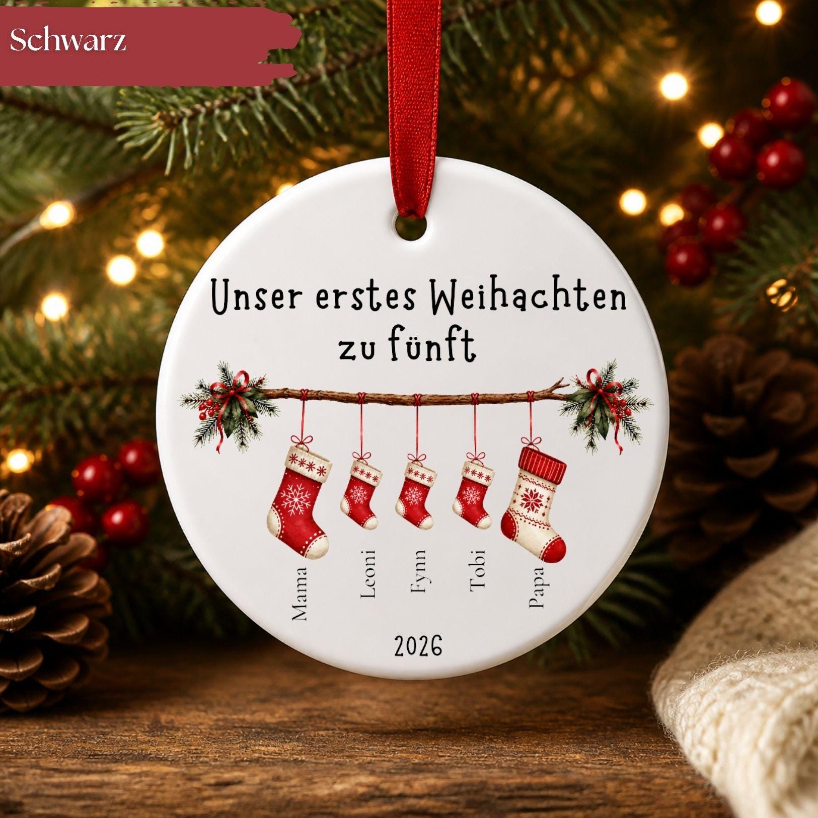 Personalisiertes Weihnachtsanhänger Familie zwei köpfig, Tannenbaum Dekoration, Ornament, Keramik Baby, Namen & Jahr 2026 Christbaumschmuck