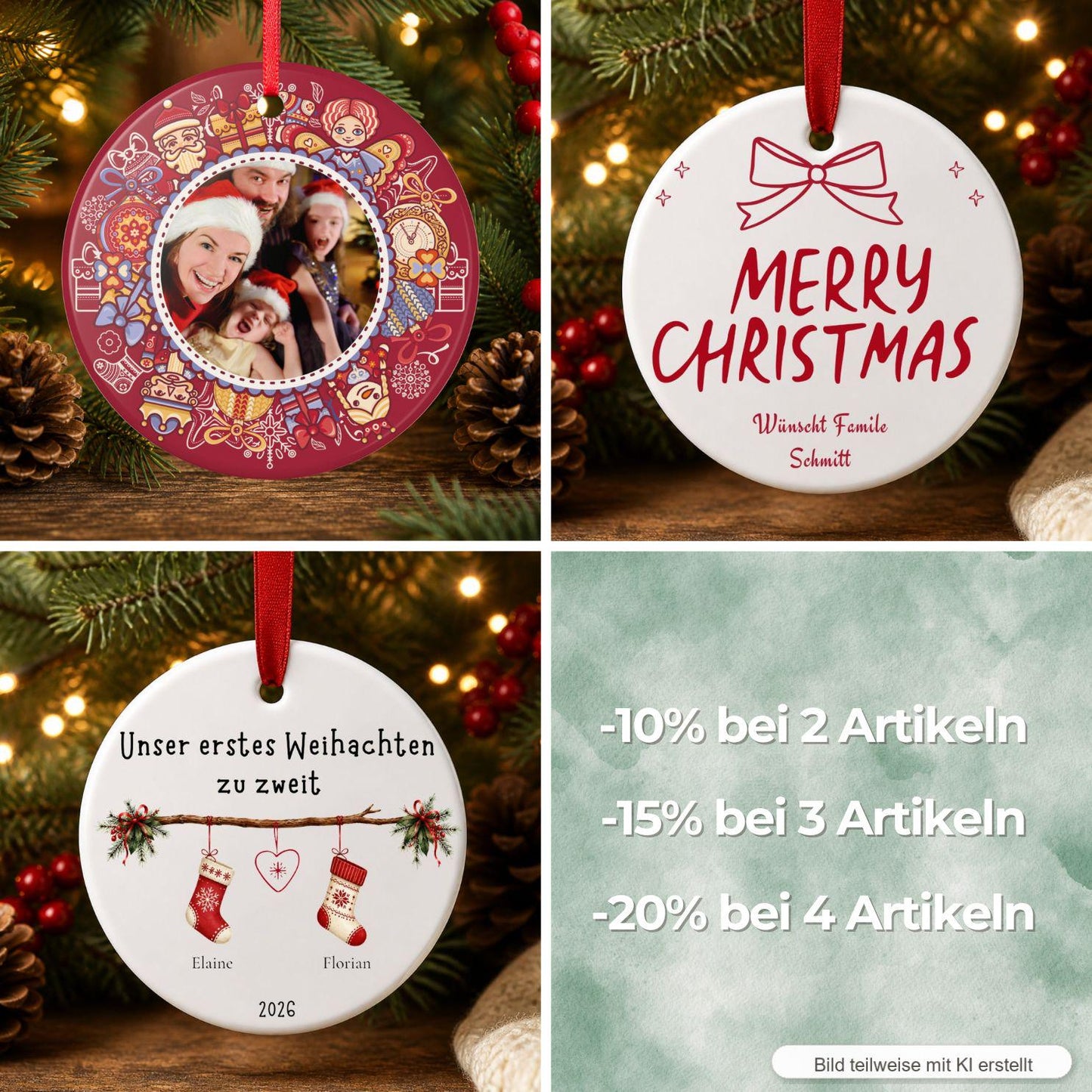 Personalisiertes Weihnachtsanhänger Familie zwei köpfig, Tannenbaum Dekoration, Ornament, Keramik Baby, Namen & Jahr 2026 Christbaumschmuck