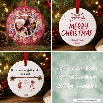 Personalisiertes Weihnachtsanhänger Familie zwei köpfig, Tannenbaum Dekoration, Ornament, Keramik Baby, Namen & Jahr 2026 Christbaumschmuck