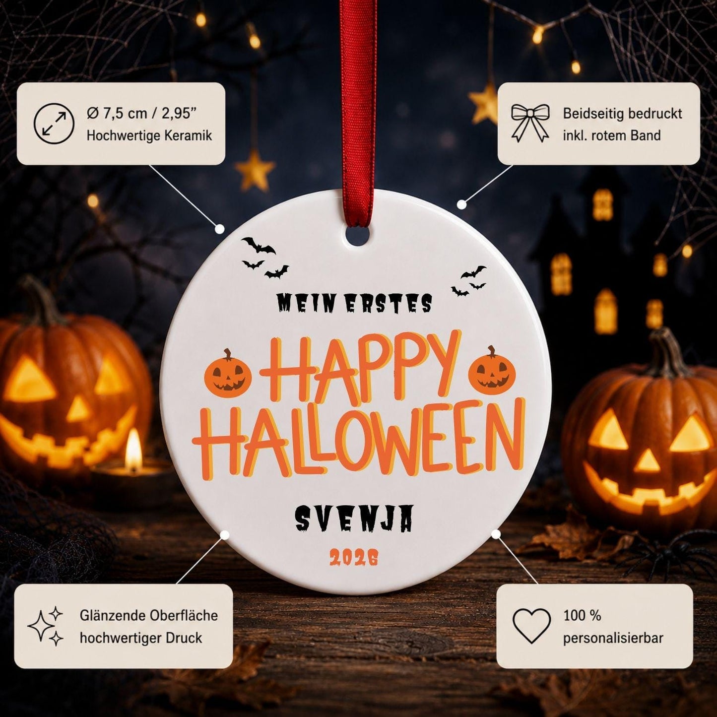 Personalisiertes erstes Halloween Ornament Baby, Keramik Anhänger mit Name Datum, Kürbis Geist Geschenk Deko