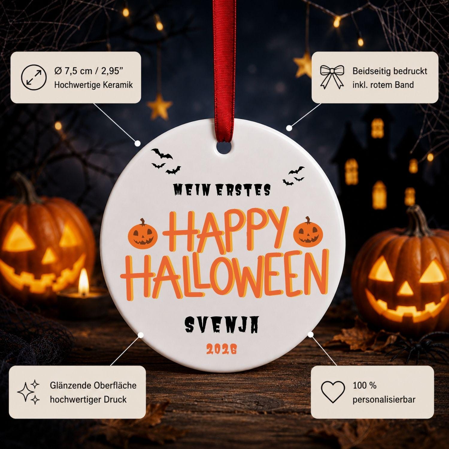 Personalisiertes erstes Halloween Ornament Baby, Keramik Anhänger mit Name Datum, Kürbis Geist Geschenk Deko