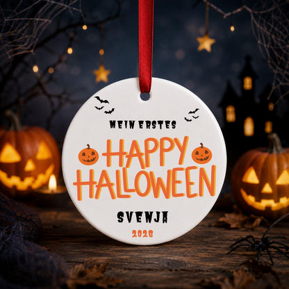 Personalisiertes erstes Halloween Ornament Baby, Keramik Anhänger mit Name Datum, Kürbis Geist Geschenk Deko
