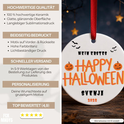 Personalisiertes erstes Halloween Ornament Baby, Keramik Anhänger mit Name Datum, Kürbis Geist Geschenk Deko