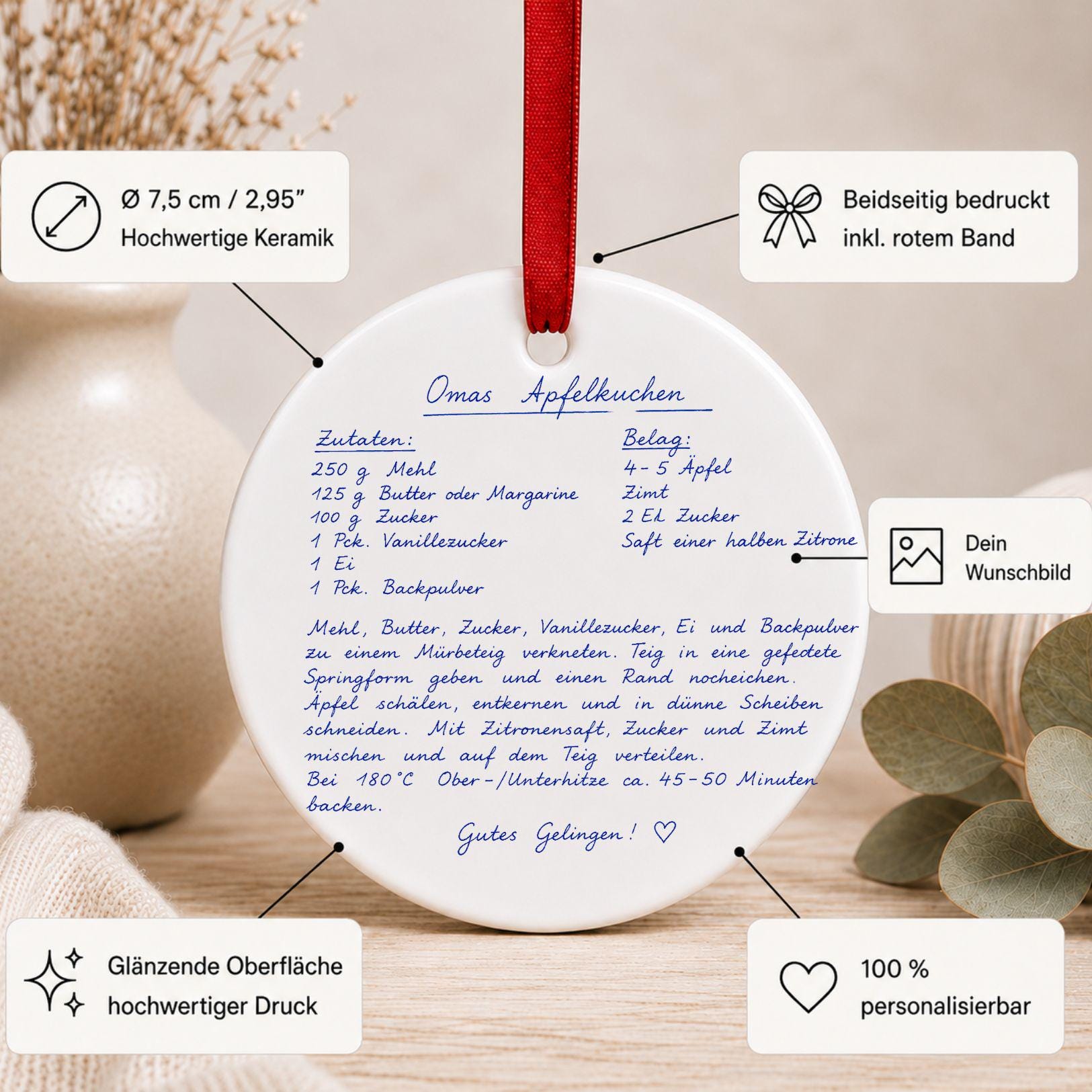 Personalisiertes Handschrift Ornament, Custom Keramik Anhänger mit Notiz Foto Kinderzeichnung, Erinnerungsgeschenk Weihnachten
