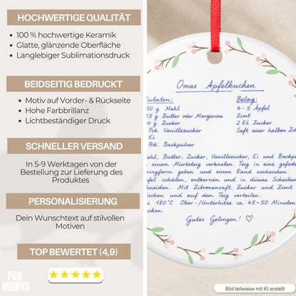Personalisiertes Rezept Ornament mit Handschrift, Omas Rezept Keramik Anhänger, Familienrezept Weihnachtsgeschenk Geburtstag Verzierung