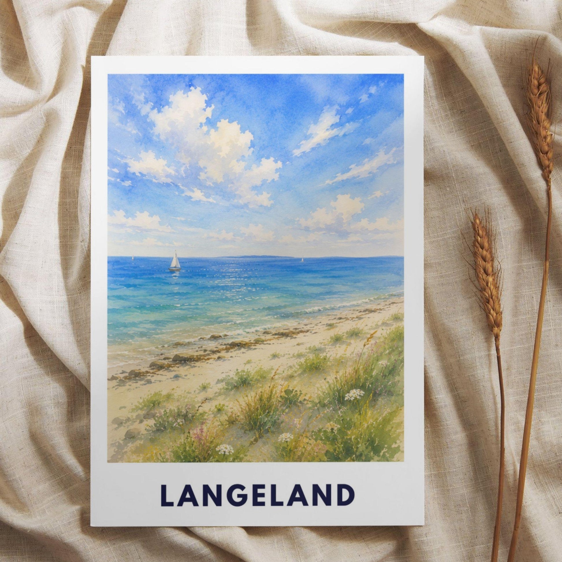 Langeland Poster Dänemark | Strand Illustration | Ostsee Küste Print | Nordic Beach Art | Skandinavien Reise Sommerhaus Deko Illustration