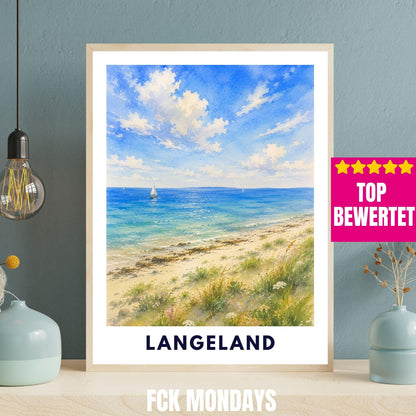 Langeland Poster Dänemark | Strand Illustration | Ostsee Küste Print | Nordic Beach Art | Skandinavien Reise Sommerhaus Deko Illustration