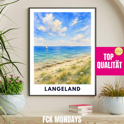 Langeland Poster Dänemark | Strand Illustration | Ostsee Küste Print | Nordic Beach Art | Skandinavien Reise Sommerhaus Deko Illustration