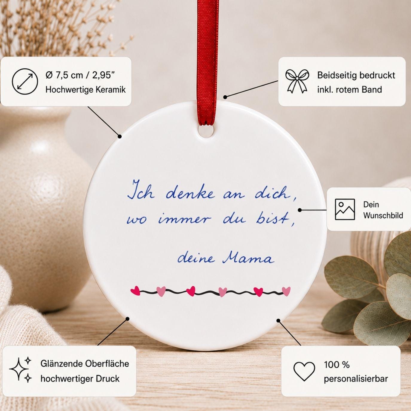 Personalisiertes Trauer Ornament, Andenken Keramik Anhänger mit Foto Zitat Wunschtext, Beerdigung Trauerfeier Geschenk Friedhof Kapelle