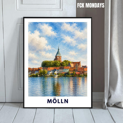 Mölln Poster | St. Nicolai-Kirche Illustration | Historisches Altstadt Wandbild | Schleswig-Holstein Reisebild | Seeufer Landschaftsdeko