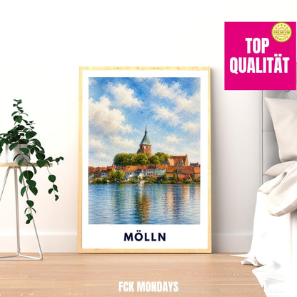 Mölln Poster | St. Nicolai-Kirche Illustration | Historisches Altstadt Wandbild | Schleswig-Holstein Reisebild | Seeufer Landschaftsdeko