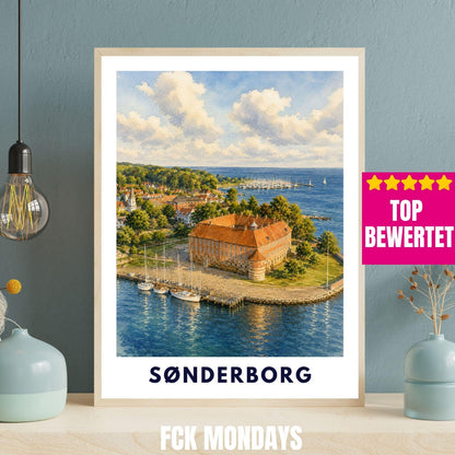 Sønderborg Poster Dänemark | Schloss & Hafen Illustration | Ostsee Stadtbild | Skandinavisches Reiseposter | Nordic Wall Art | Küstendeko