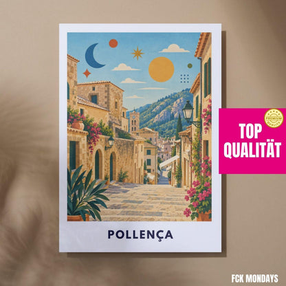 Pollença Poster Mallorca | Altstadt & Treppen Illustration | Mediterrane Wanddeko | Spanien Reiseposter | Pollensa Pont Roma