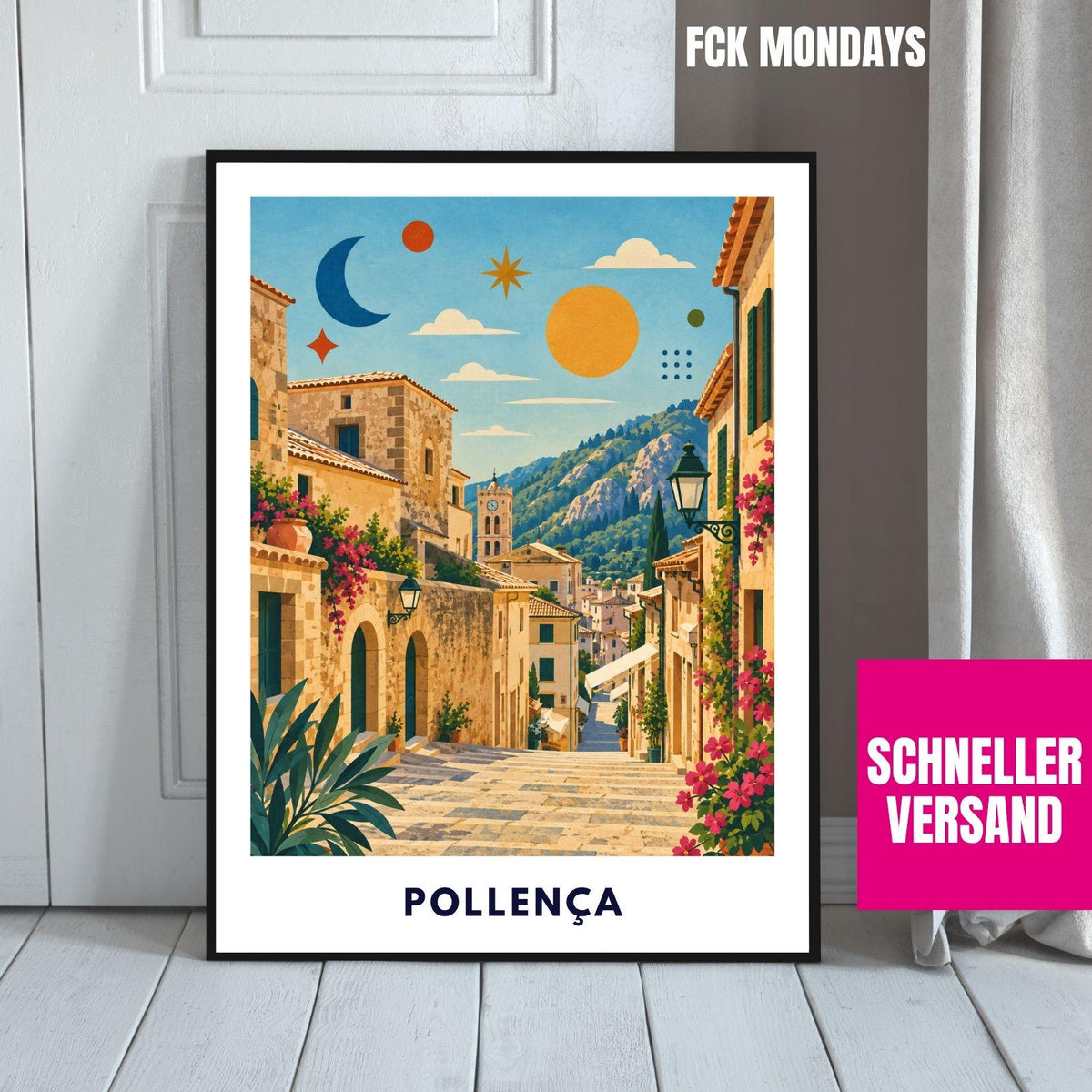 Pollença Poster Mallorca | Altstadt & Treppen Illustration | Mediterrane Wanddeko | Spanien Reiseposter | Pollensa Pont Roma