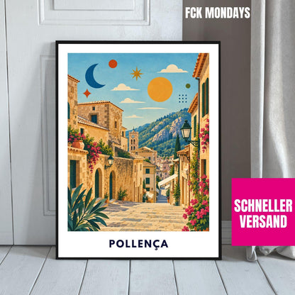 Pollença Poster Mallorca | Altstadt & Treppen Illustration | Mediterrane Wanddeko | Spanien Reiseposter | Pollensa Pont Roma