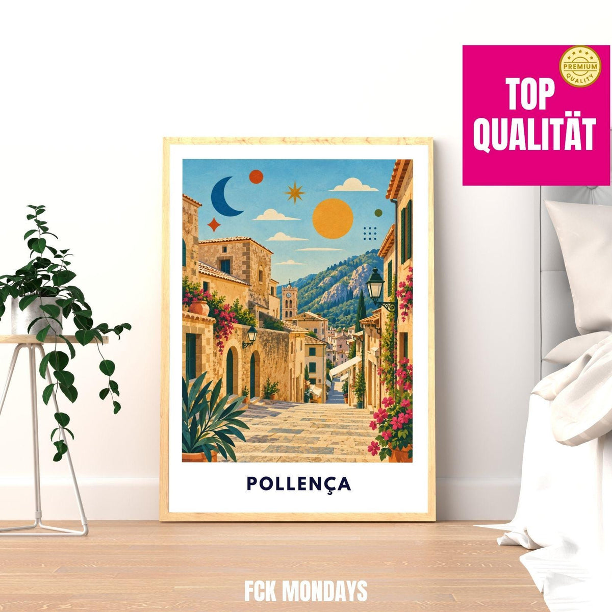 Pollença Poster Mallorca | Altstadt & Treppen Illustration | Mediterrane Wanddeko | Spanien Reiseposter | Pollensa Pont Roma