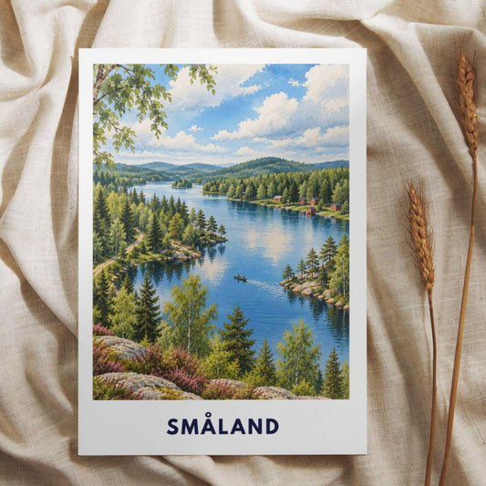 Småland See Poster Schweden | Wald & Seen Illustration | Skandinavische Wanddeko | Reise Poster | Smaland Natur Wanderung Urlaub