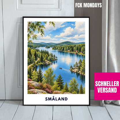 Småland See Poster Schweden | Wald & Seen Illustration | Skandinavische Wanddeko | Reise Poster | Smaland Natur Wanderung Urlaub