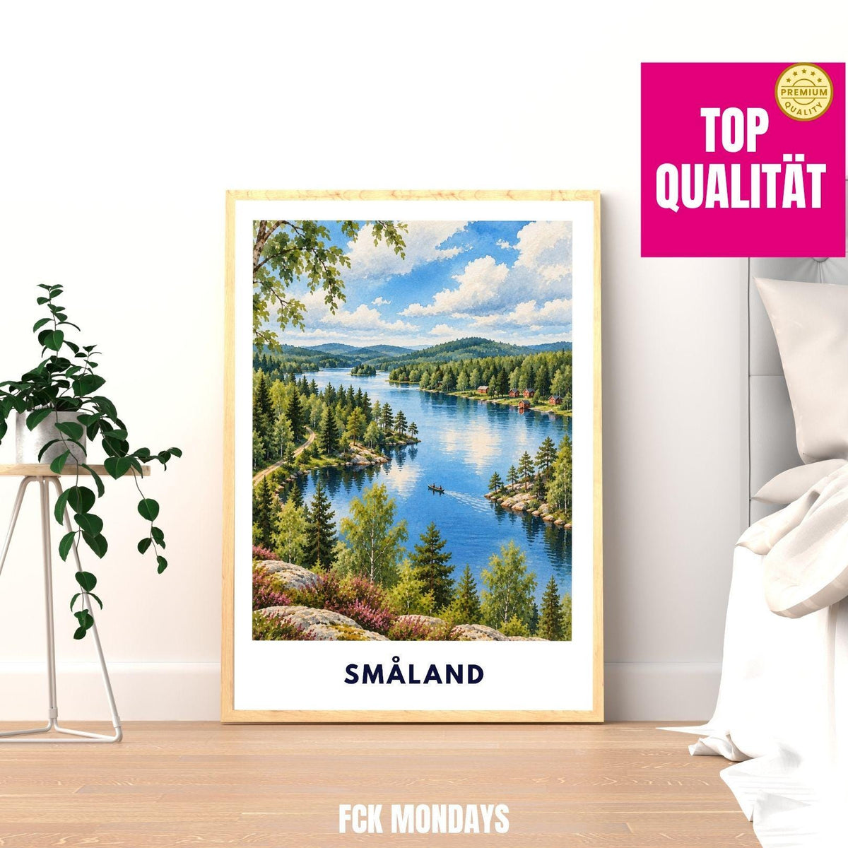 Småland See Poster Schweden | Wald & Seen Illustration | Skandinavische Wanddeko | Reise Poster | Smaland Natur Wanderung Urlaub