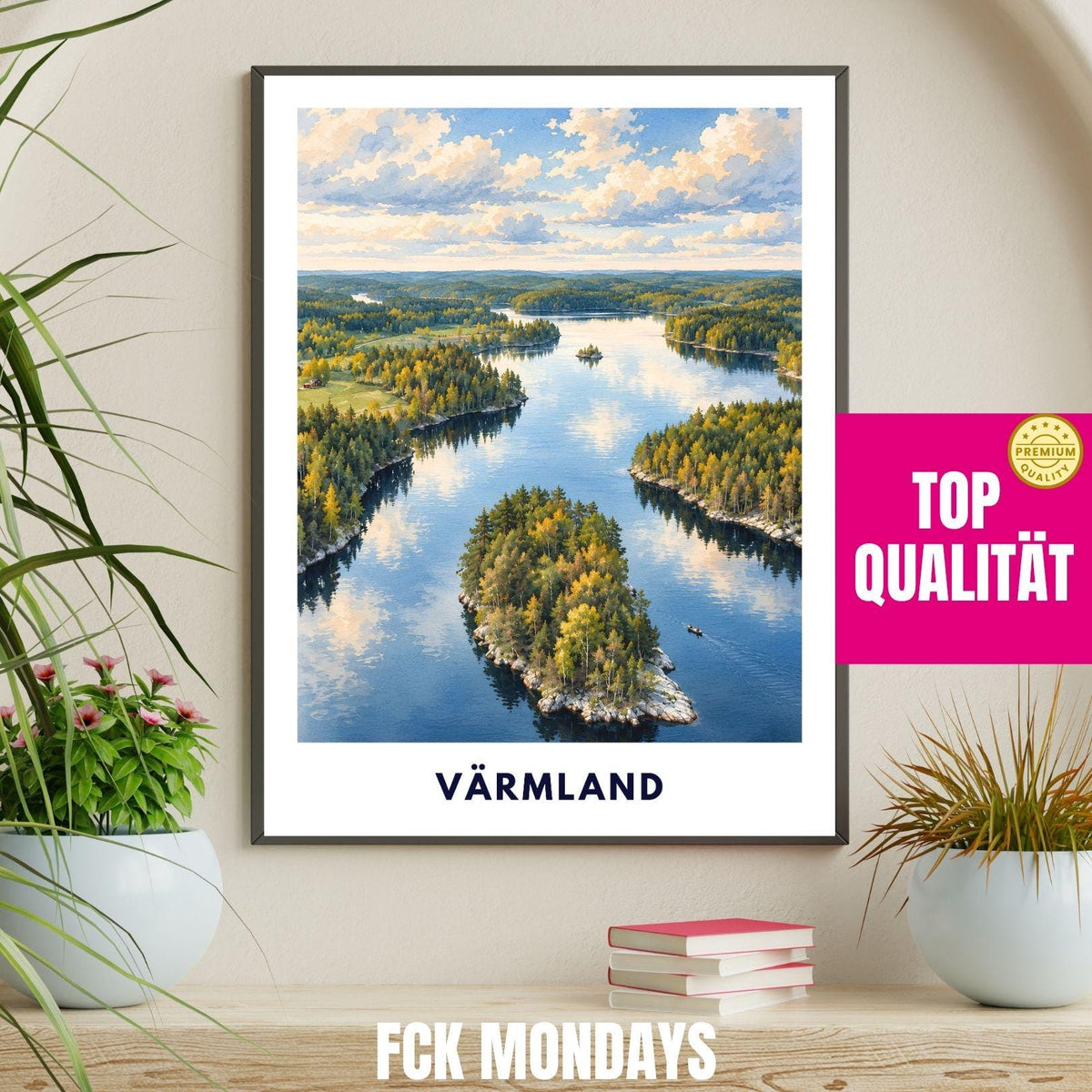 Värmland Poster Schweden | Seenlandschaft mit Waldinseln | Skandinavisches Wandbild | Aquarell Reise Poster | Nordische Natur Wandern Natur