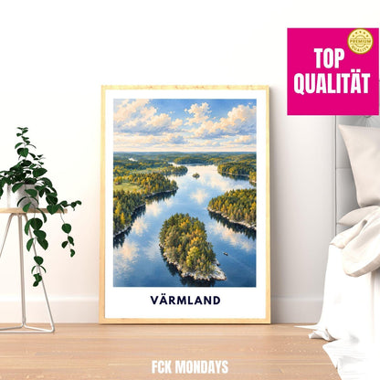 Värmland Poster Schweden | Seenlandschaft mit Waldinseln | Skandinavisches Wandbild | Aquarell Reise Poster | Nordische Natur Wandern Natur