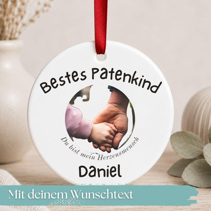 Ornament für Patentante Patenonkel personalisiert, Geschenk Idee Foto Anhänger vom Patenkind, Keramik Dankeschön Weihnachtsbaum Schmuck