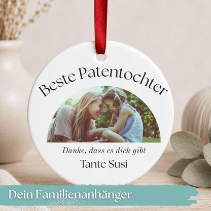 Ornament für Patentante Patenonkel personalisiert, Geschenk Idee Foto Anhänger vom Patenkind, Keramik Dankeschön Weihnachtsbaum Schmuck
