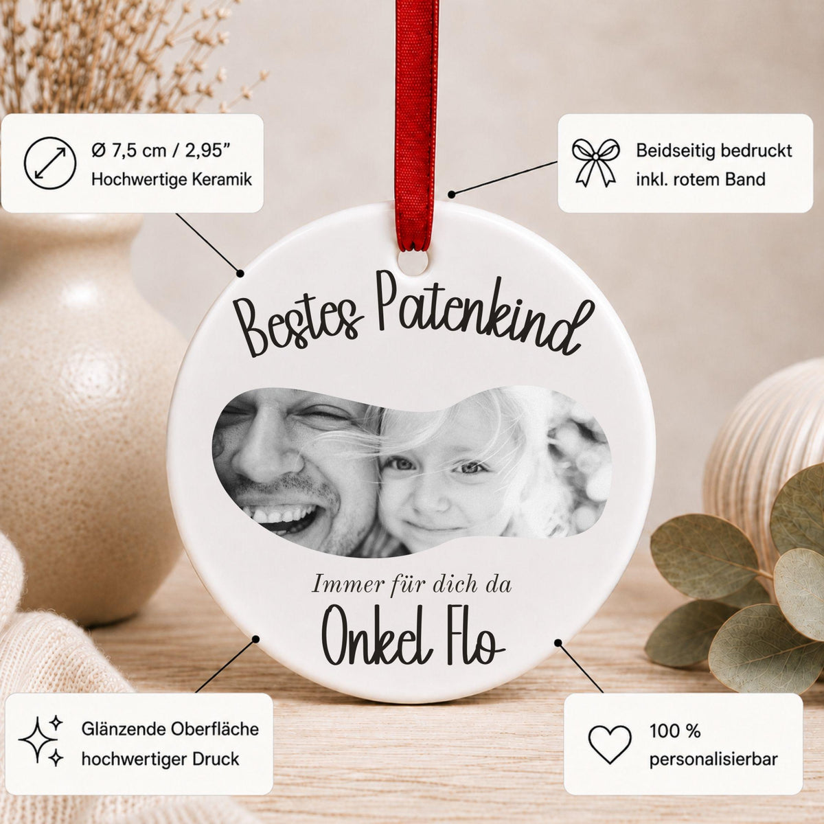 Ornament für Patentante Patenonkel personalisiert, Geschenk Idee Foto Anhänger vom Patenkind, Keramik Dankeschön Weihnachtsbaum Schmuck
